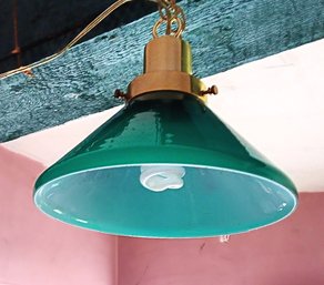 Vintage Pendant/ Gaming Light,  Green Glass Hanging Fixture W/ Opal Glass Reflecting Interior, Rewired