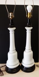 Pair Of 1960's Empire White Opaline Glass Table Lamps, Possible Kessler Co. 33 Inch