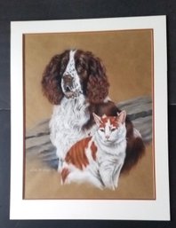 1979 Pastel Painting 'Spaniel & Persian' Signed DiGiorno Mat 32 By 25 Inch