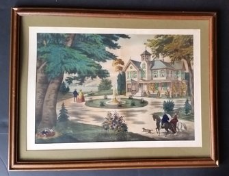 1800s Hand Colored Engraving Very Currier & Ives - Ish,  Frame 20 By 26'