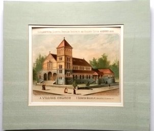 Antique 1886 Color Lithograph VILLAGE CHURCH Mat 16 By 14 Inch