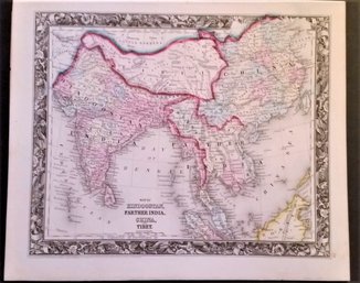 Original  Antique 1860 Map: India, China Tibet, Hindustan Map, Mitchell  12.5x15.5'