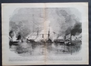 Original Published Civil War 'Galveston Gun Boat Battle', Leslie January 1st 1863 , 17x 23.5'