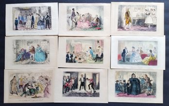 Set Of 9 Antique 1854 Hand Colored Antique Steel Engravings  By John Leech 9 By 6 Inch