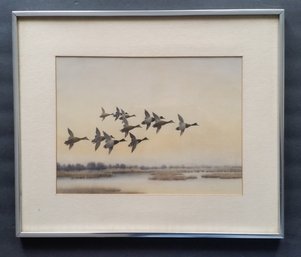 Vintage Watercolor MALLARD BIRDS IN FLIGHT Framed 15 By 18 Inch