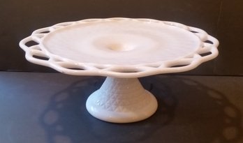 Imperial Glass  Milk Glass Lace Edge Pedestal Cake Stand 12 1/2 Inch Wide And 5' High