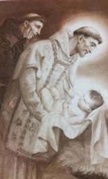 Vintage 1940 Pencil Drawing 'St Francis And The Divine Infant', Priest Signed, 16x 25 Inch