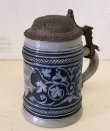 Miniature Blue Salt Glaze German Stein With Pewter Lid, 4 Ounce