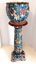 Antique Majolica Art Pottery Jardiniere & Pedestal, Full 35' Size, Rim Flakes, Back Foot Missing