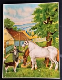 Vintage 1940's Lithograph, Farmer & Horses, Lithuanian Print Size - 15 By 20 Inch