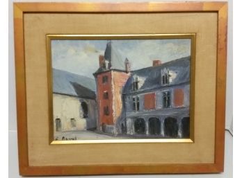 Vintage Painting, European Court Yard, Signed