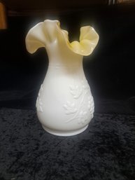 Fenton Style White And Yellow Cased Glass Vase