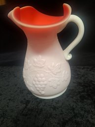 Fenton Style Red And White Cased Glass Pitcher