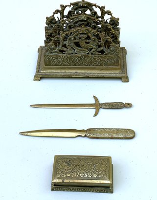 Antique Brass Letter Holder Trinket Box And Two Letter Openers