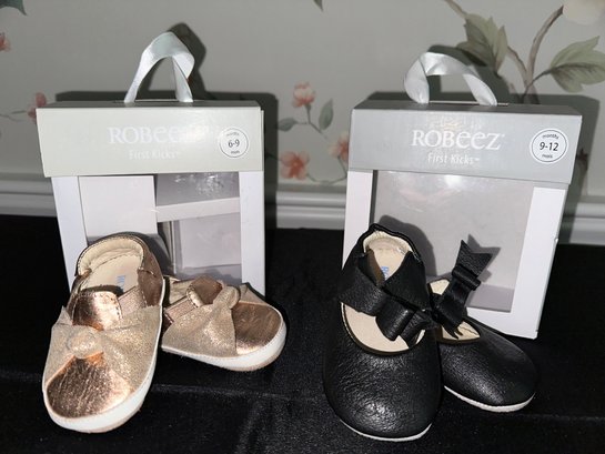 Two Adorable Pairs Of Robeez Leather Baby Shoes