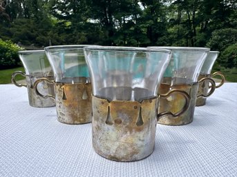 Incredible Set Of Duralex Glasses In Brass Holders