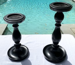 Set Of Two Black Wooden Candle Holders