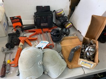 Assorted Tools And Accessory Lot - Knee Pads, Caulking Guns, Etc