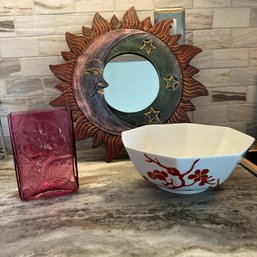 Vtg Fitz And Floyd Bowl, Pilgrim Glass Vase And Moon/ Sun Mirror