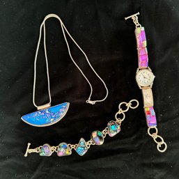 Sterling Silver Dichroic Glass Necklace, Toggle Bracelet And Watch