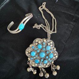 Sterling Silver Bracelet And Faux Turquoise Necklace