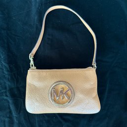 Michael Kors Wristlet Wallet Bright Camel Pebble Leather Gold Logo