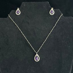 Sterling Silver Amethyst And Cubic Zurconia Necklace And Earrings Set