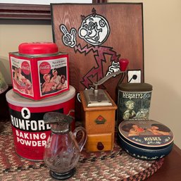 Vtg Coffee Grinder, Tins And Ready Electric Sign