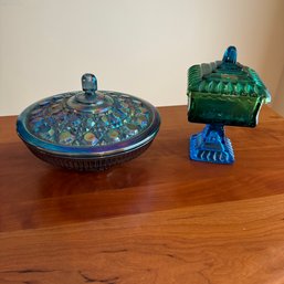 Vintage Indiana Glass Blue Iridescent Glass Windsor Pattern Candy Dish & Jeanette Covered Dish