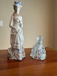 Pair Of Pretty Ladies - Wheaton Clear Carnival Iridescent Glass Southern Bell Figurine & Porcelain Lady W/dog