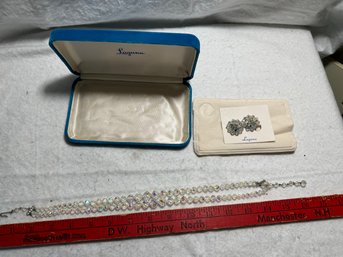 Vintage Aurora Borealis Crystal Double Strand Necklace W/Matching Clip Earrings In Original Box