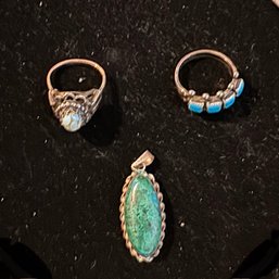 Vtg Sterling Silver Turquoise Rings And Pendant