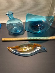 Stunning Lot Of 3 Art Glass/ Pinched Turquoise Bischoff Bottle/ Turquoise Art Deco Dish Art Nouveau Dish