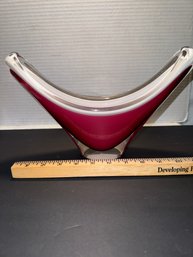 Oblong Art Glass Vessel In Raspberry Designed By Paul Kedelv, Coquile,For Flygsfors, Sweden