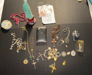 Large Lot Of Religious/ Mother Mary Statue / Rosary BeadsCrossesPendants