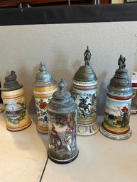 Lot Of 5 BEER STEINS Pictures  On Bottom Of Steins