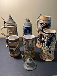 Lot Of 6 As Is Beer Steins In Need Of Lids Or Repair