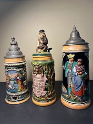 Lot Of 3 German Beet Steins Monkey Edelweiss Elsa