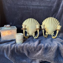 Brass Clamshell Wall Sconce Pair And Metal Box