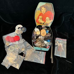 Vintage Buttons, Tin, Pins And Button Brooch