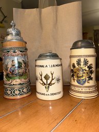 Lot Of 3 German Beer Steins Deer Antlers Edelweiss Munich