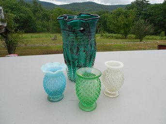 Art Glass Lot Including 3 Fenton Hobnail Vases And One Handblown Art Glass Vase.