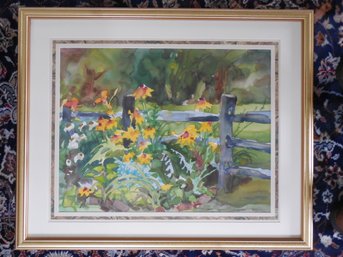 Original Watercolor Signed Kendrick Or Hendrick? Subject Is Black-eyed Susans By A Split Rail Fence