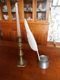 2-piece Lot  Antique Brass Push-up Candlestick & Stieff Pewter Inkwell With A Feather Quill.