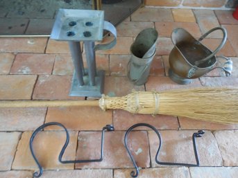 6-piece Primitive Lot Including Candle Mold, Couple Pieces Of Brass, Copper, Hangers, And A Shaker (?) Broom.