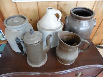 Five  Piece Country Lot Of Antique Housewares  Lot Assorted Crocks, Jug And Teapot