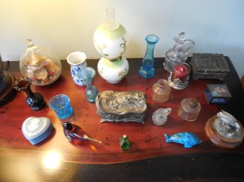 Miscellaneous Lot Of Miniature Lamp, Porcelain, Glass, Metal, Stone Figure And Small Bottles.