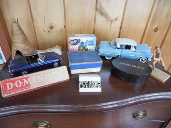 Toy LotMiscellaneous Lot Of Antique Dominoes, Baseball Figurine,Model Cars, Miniature Antique Dominoes, Neato