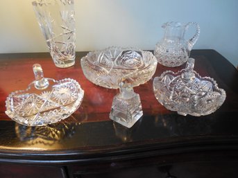 6 Pieces Of Antique Cut Crystal  Pitcher, Vase, Plates And Small Bottle With Stopper