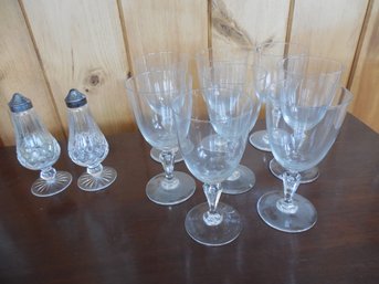 Set Of 8 Fine Crystal Bubble Stem Wines Glasses Together With A Pair Of Waterford Salt & Pepper Shakers